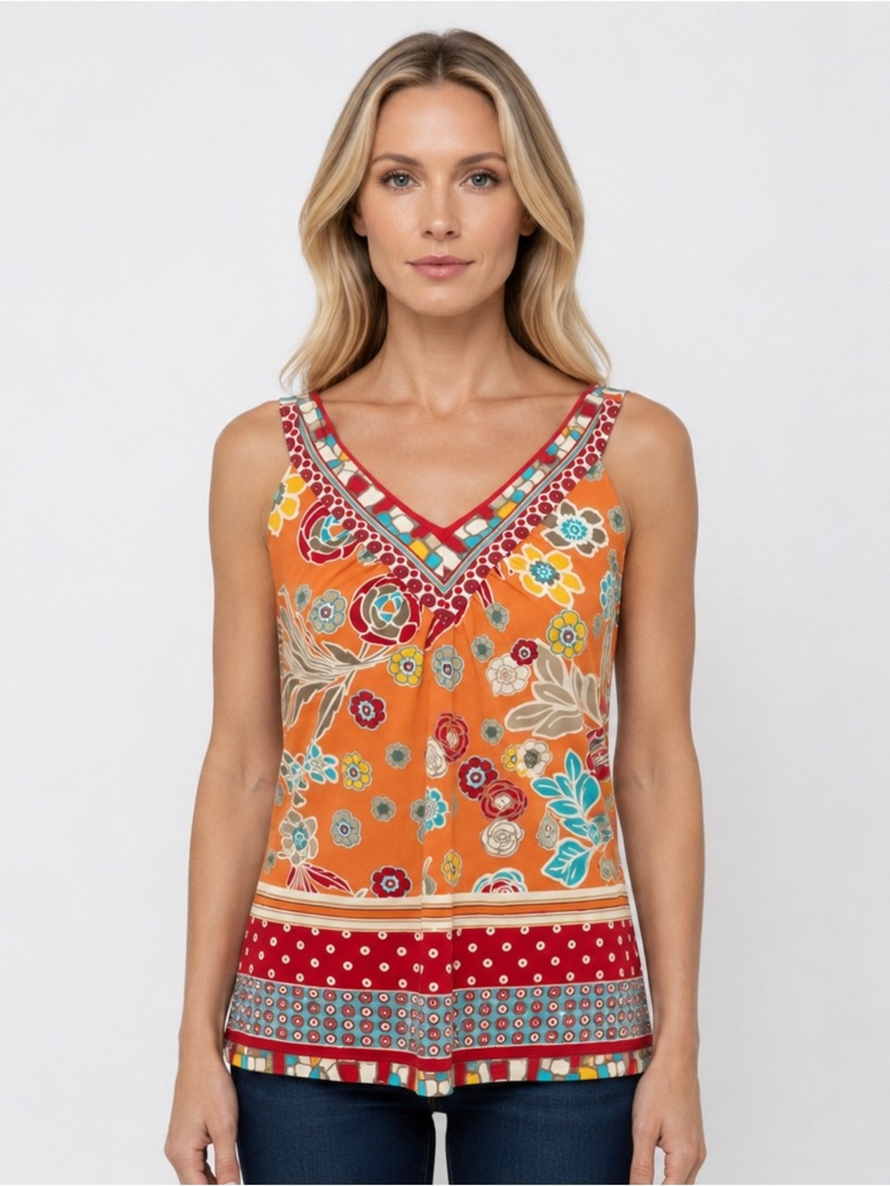 Tulli Floral V-Neck Sleeveless Boho Blouse Camisole Orange Red Cream Size Medium